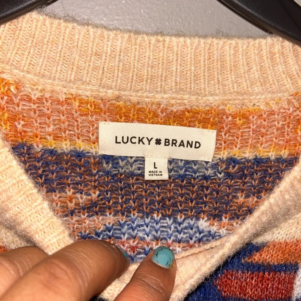 Lucky Brand Aztec Print Cream and Blue Crewneck Sweater - Picture 3 of 9